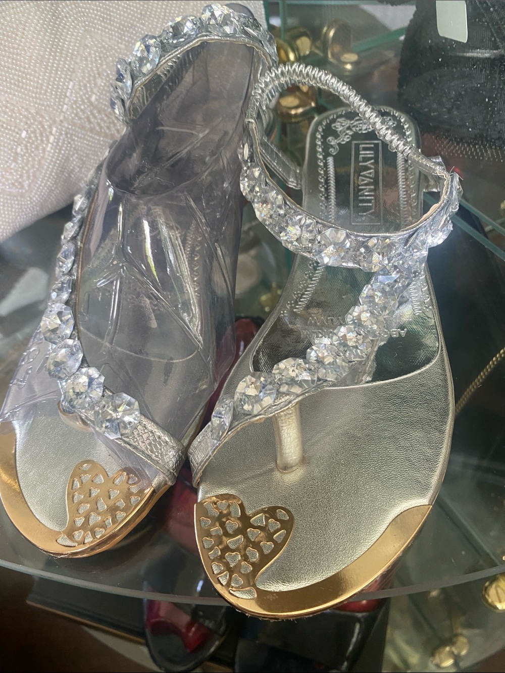 Vanity Silver Crystal Heart Thong Sandals